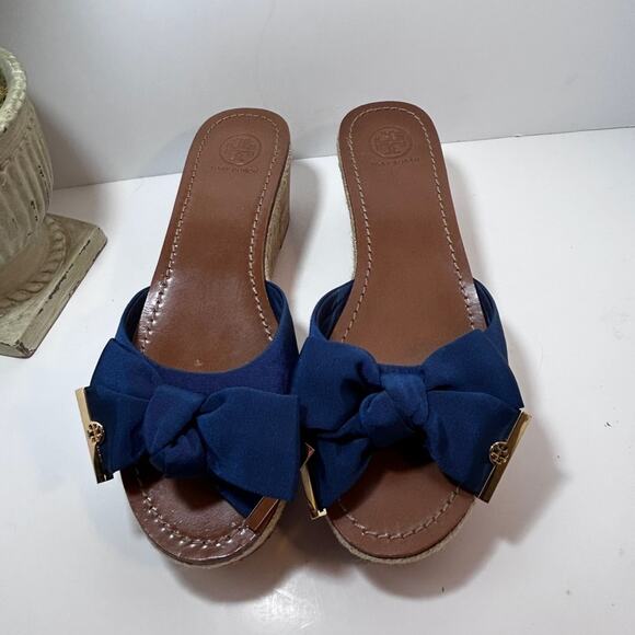 Tory Burch Sandals Wedge Slides Navy Blue Logo Bow Ribbon Size 8.5 - Picture 13 of 14